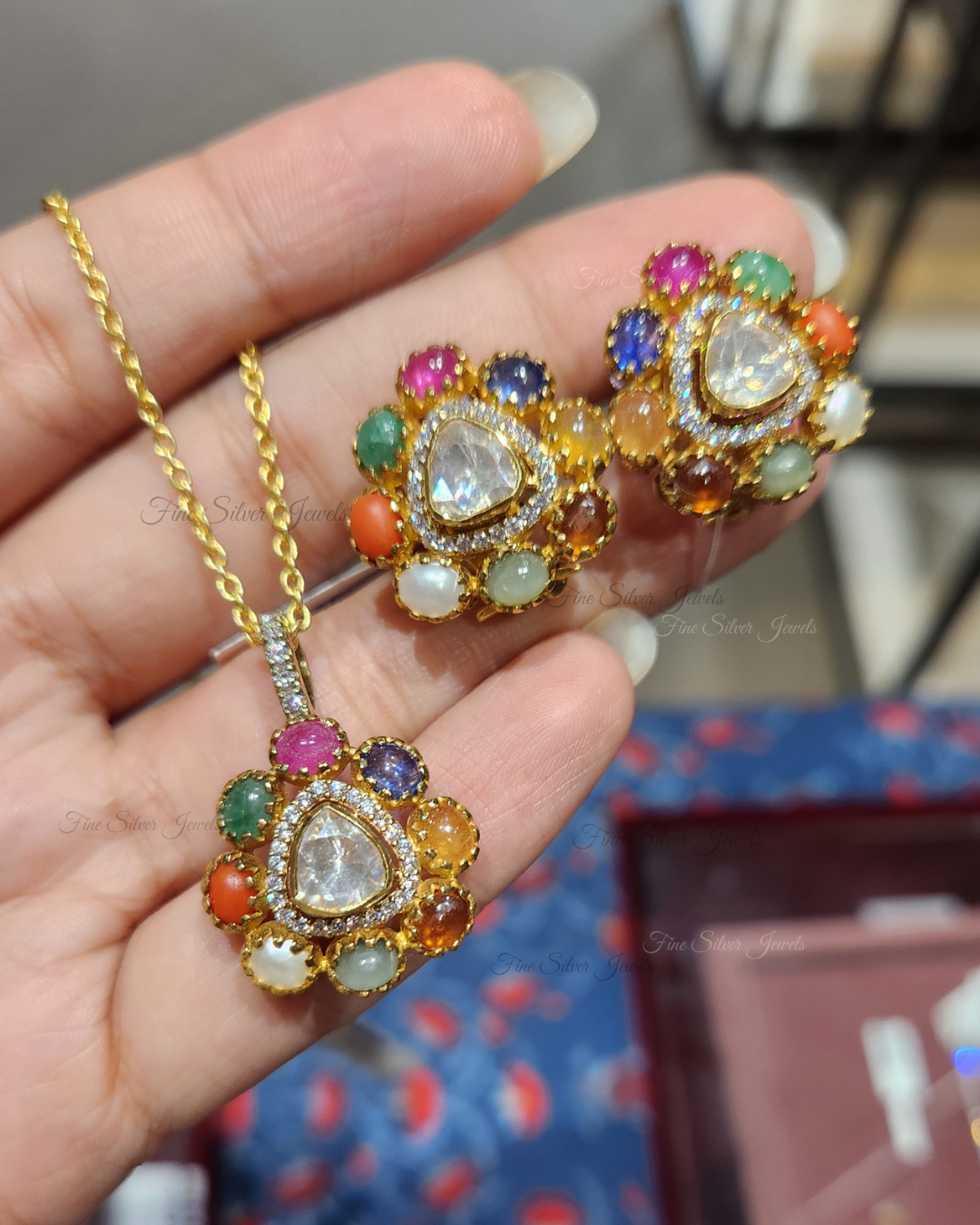 925 Silver Prachi Navratan Pendant Set