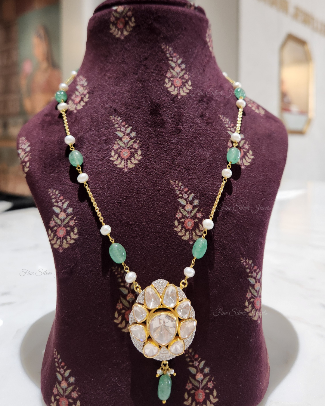 925 Silver Anvi Polki Pendant Necklace