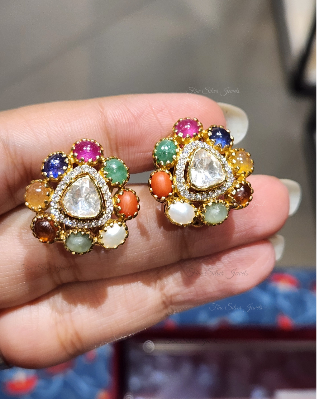 925 Silver Prachi Navratan Earrings