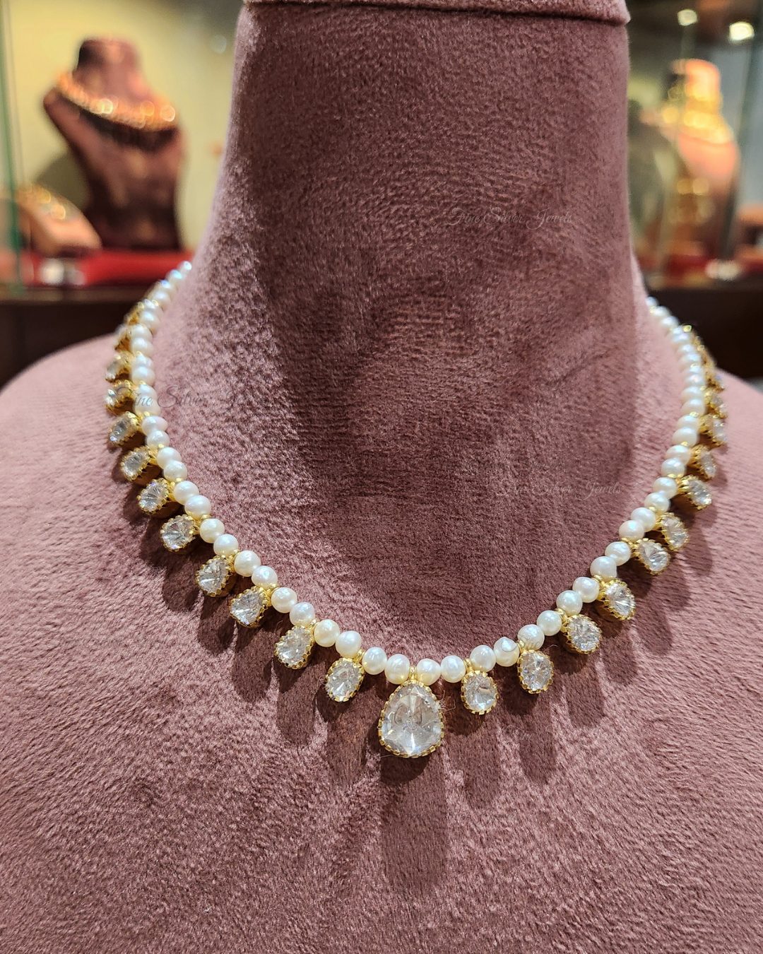 925 Silver Pearl Polki Necklace