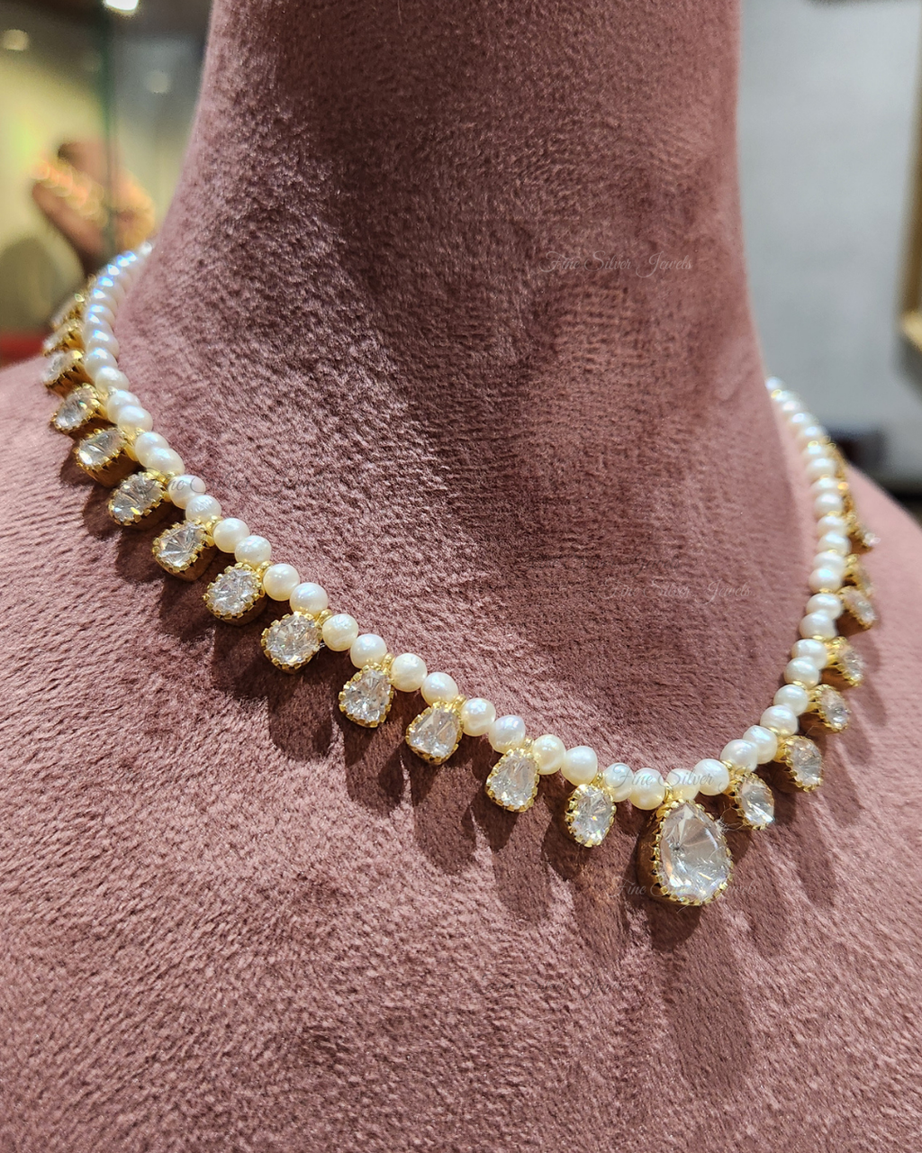 925 Silver Pearl Polki Necklace