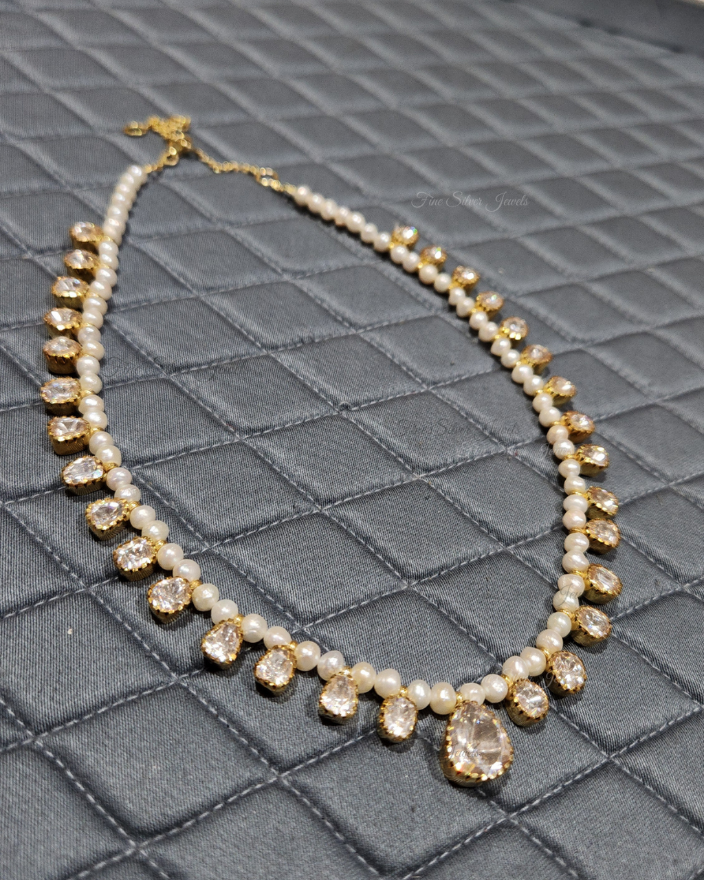 925 Silver Pearl Polki Necklace