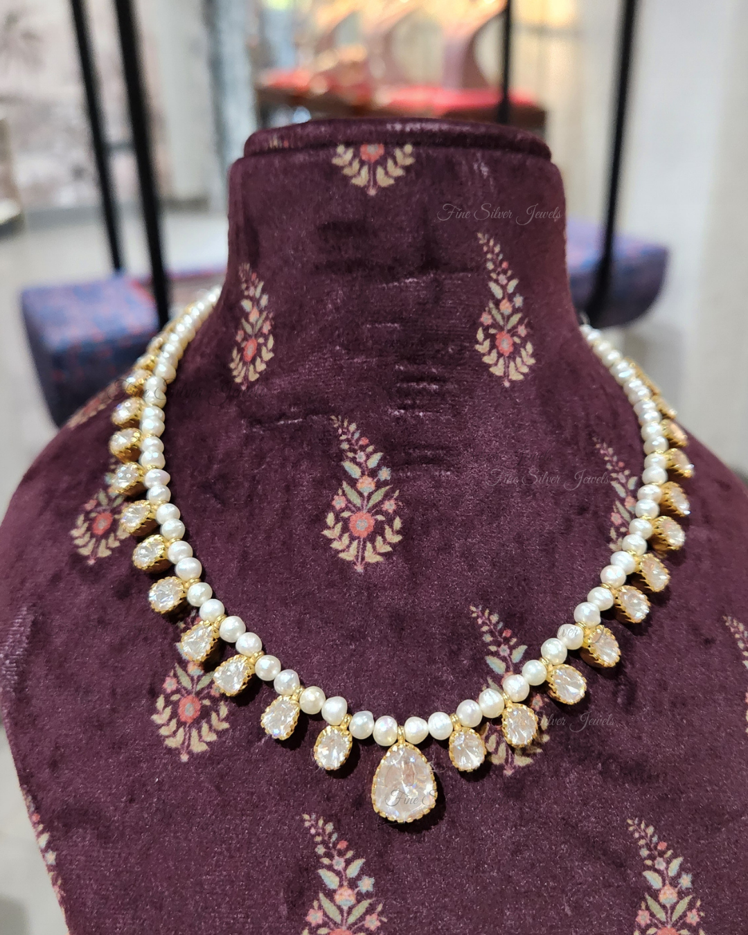 925 Silver Pearl Polki Necklace