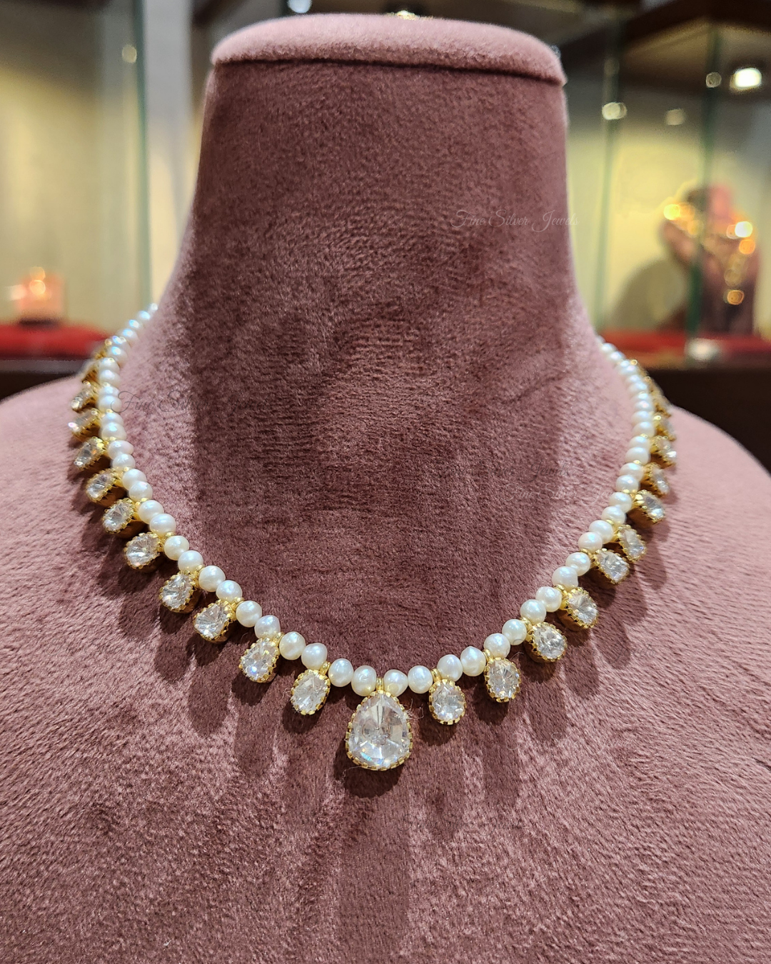 925 Silver Pearl Polki Necklace