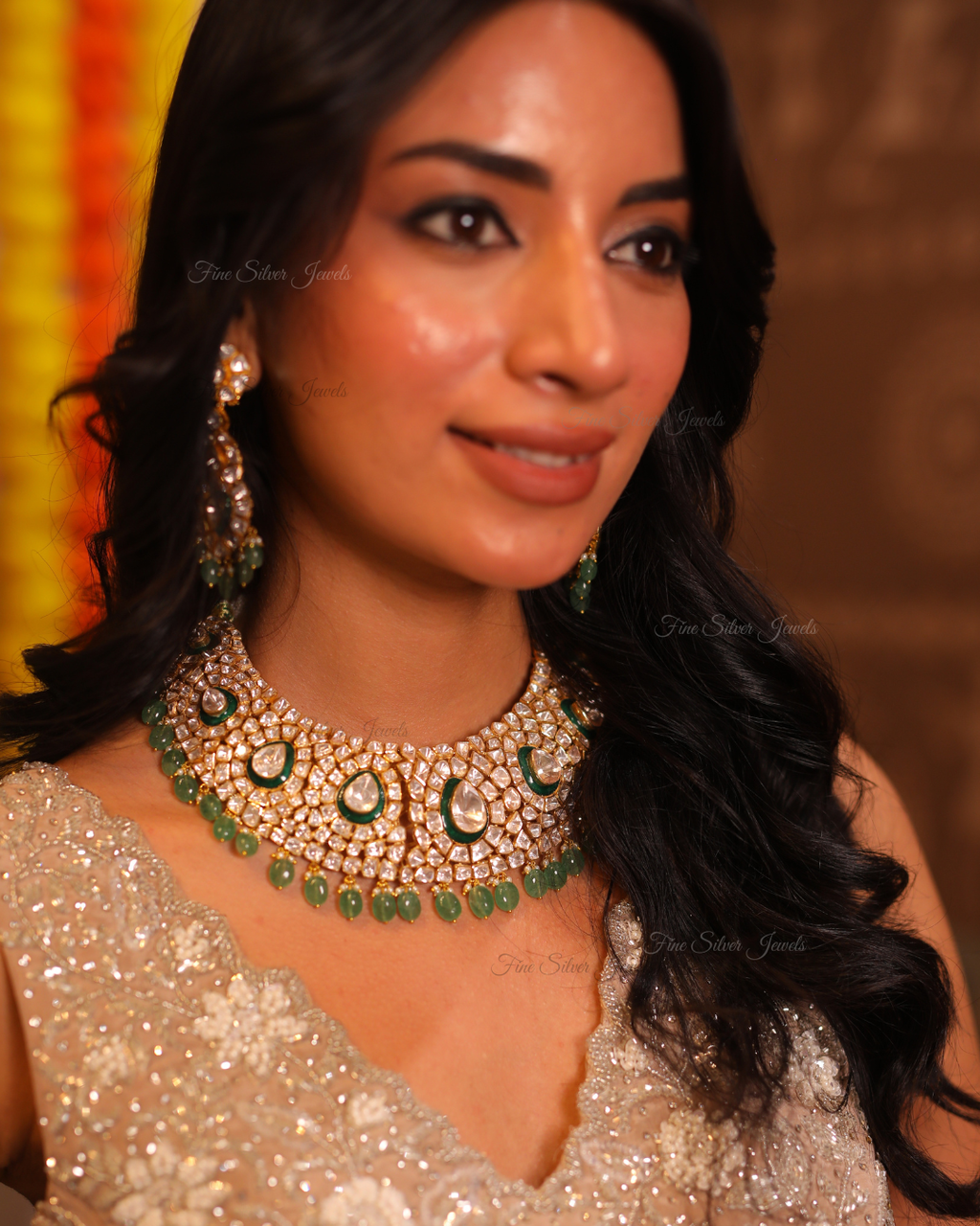 925 Silver Kasturba Polki Necklace Set