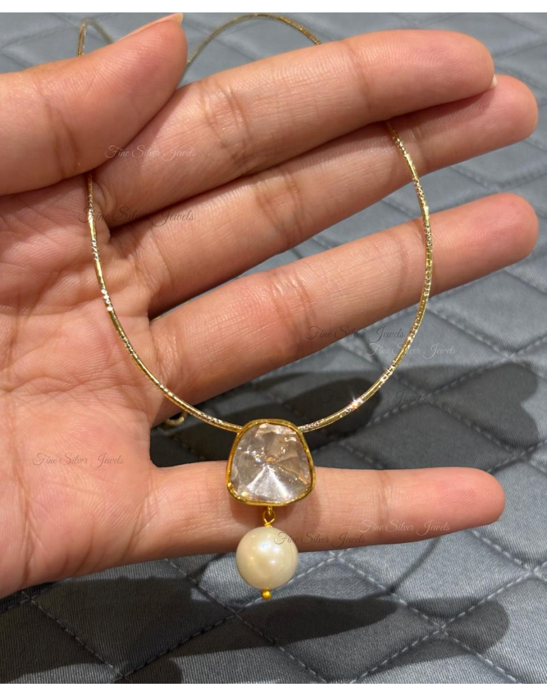 925 Silver Pearl Polki Pendant