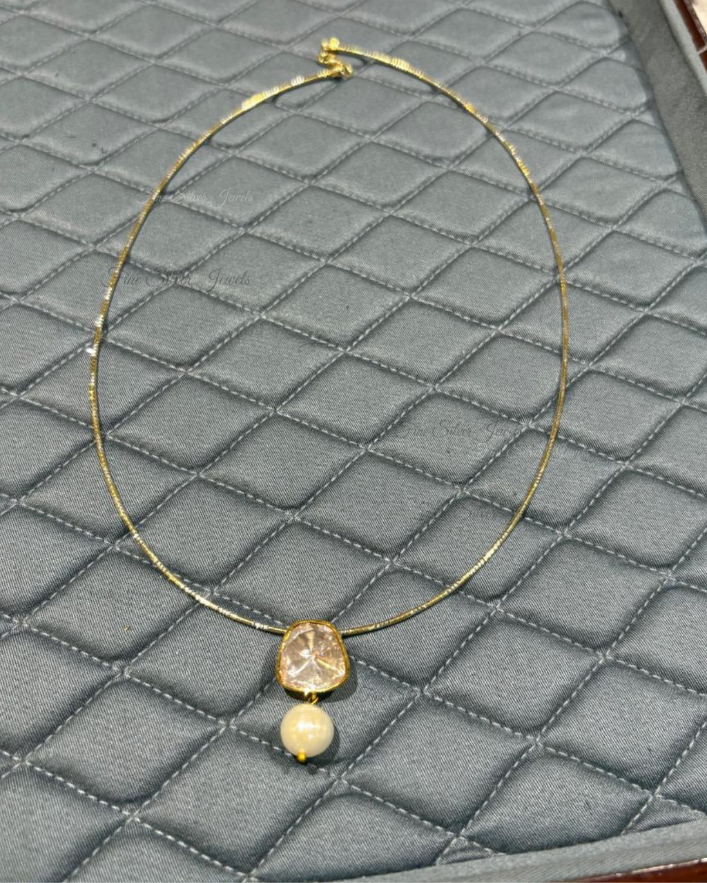 925 Silver Pearl Polki Pendant