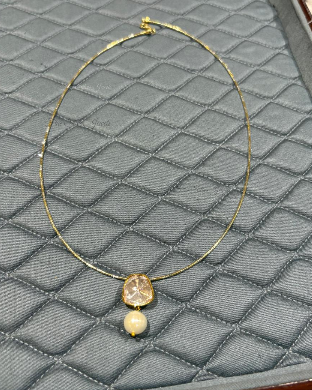 925 Silver Pearl Polki Pendant