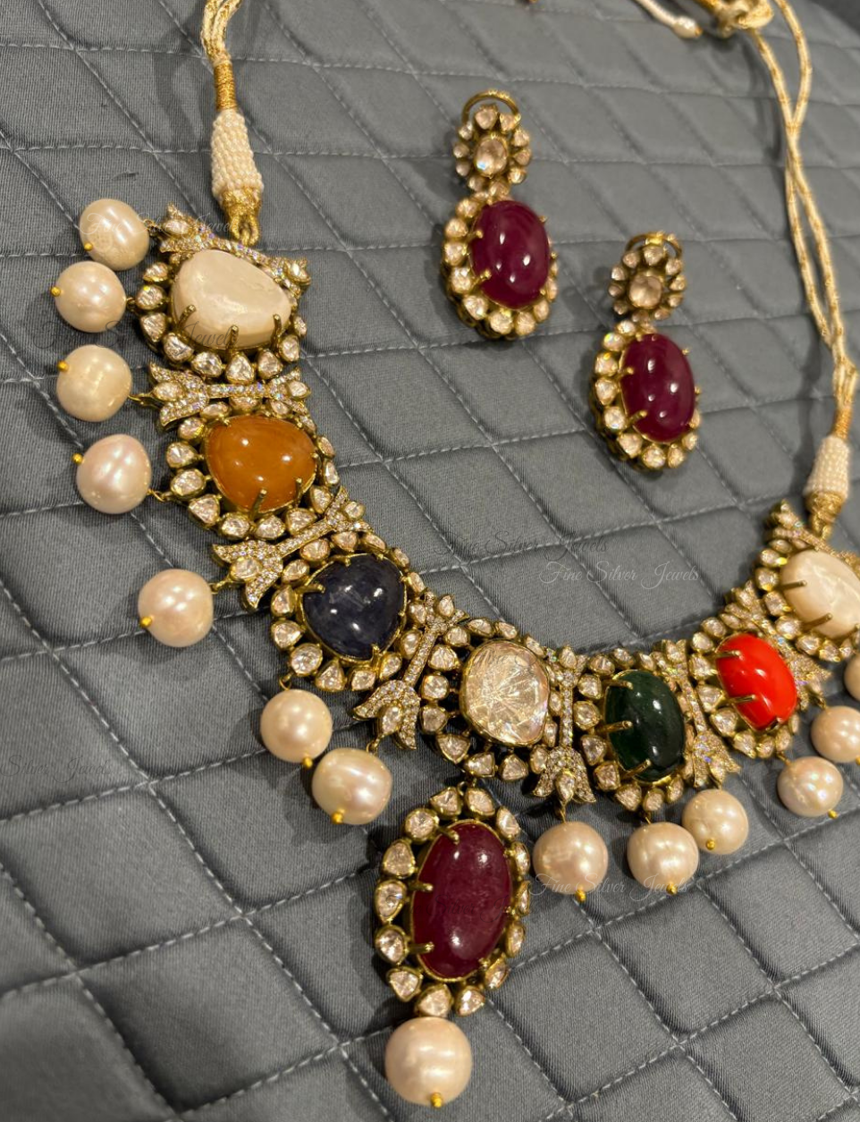 925 Silver Kasturi Navratan Necklace Set
