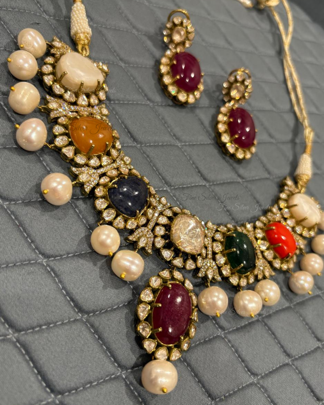 925 Silver Kasturi Navratan Necklace Set