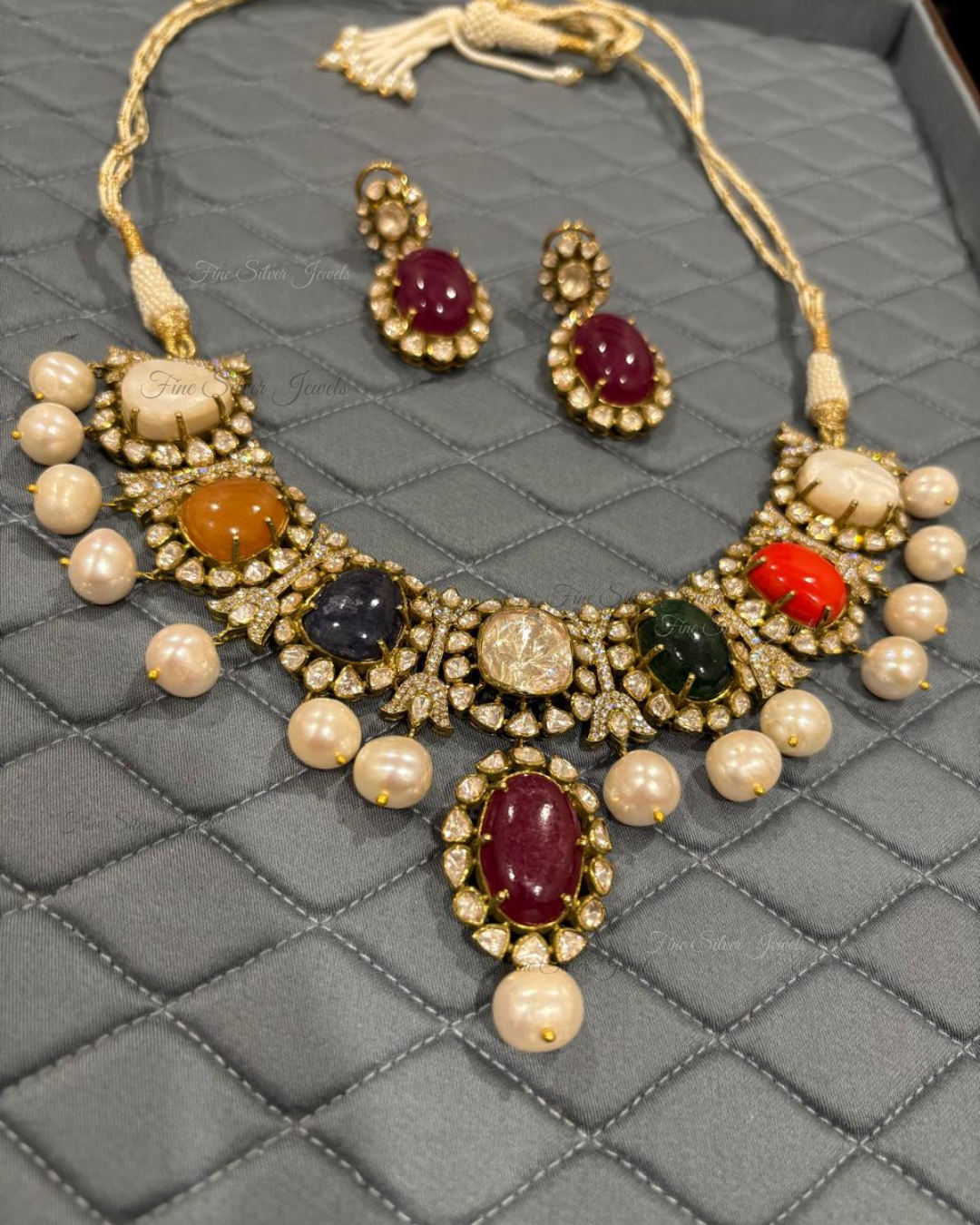 925 Silver Kasturi Navratan Necklace Set