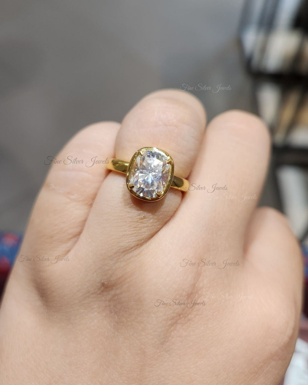 925 Silver Elongated Cushion 3ct GRA Moissanite Ring