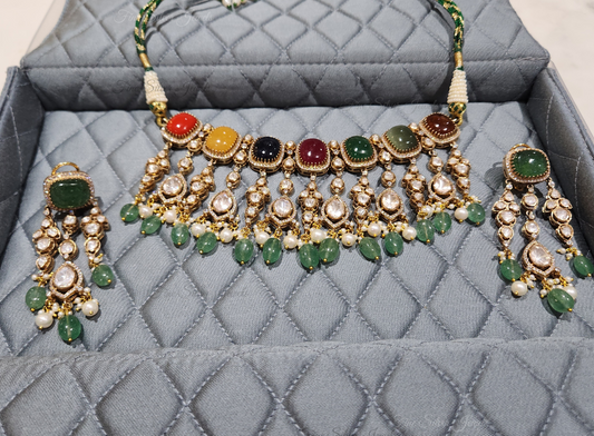 925 Silver Yamini Navratan Necklace Set