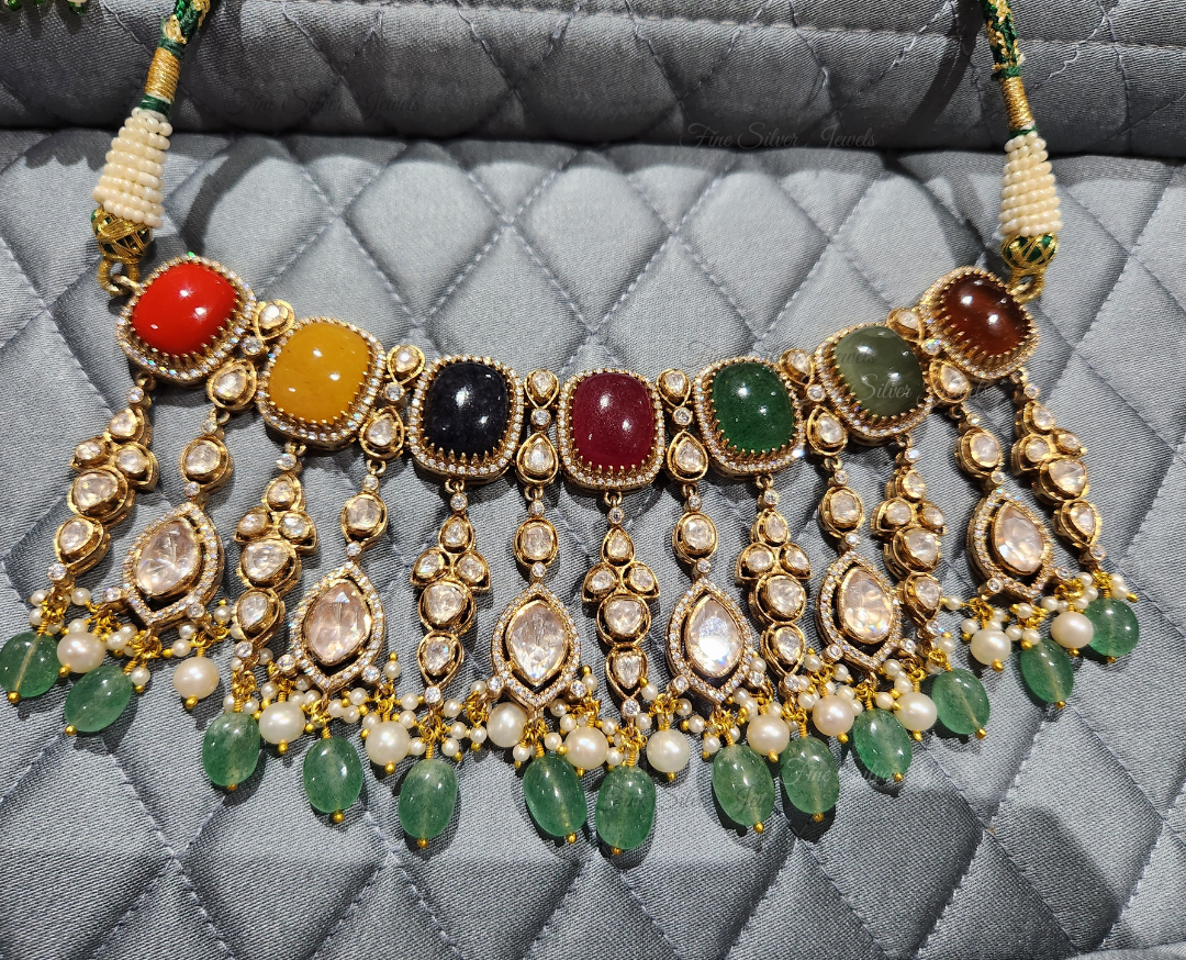925 Silver Yamini Navratan Necklace Set