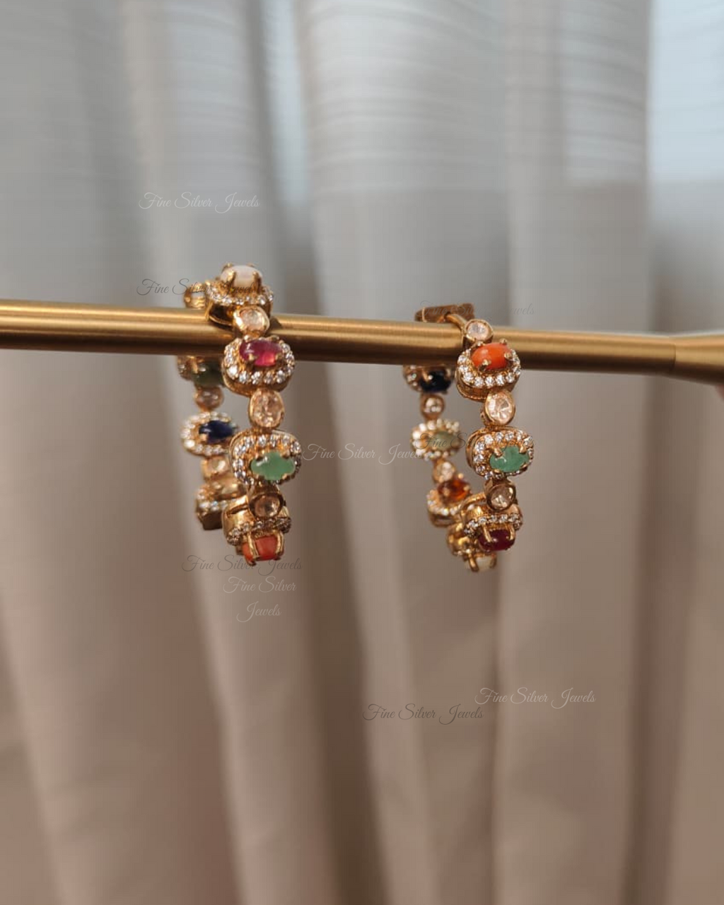 925 Silver Navratan Bali Earrings