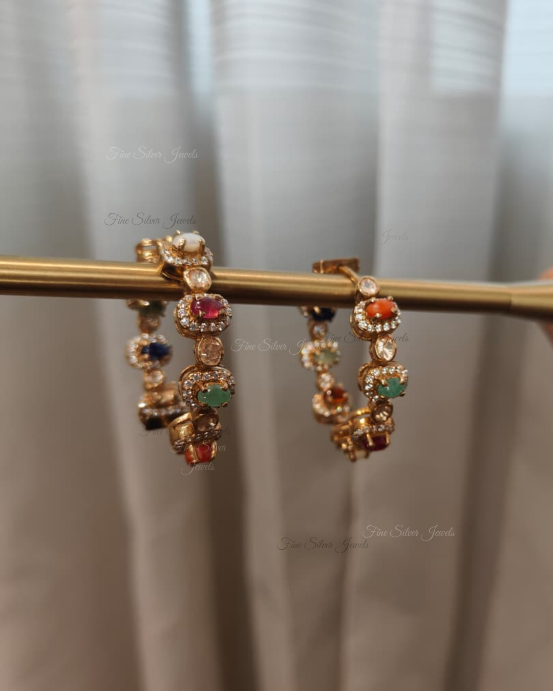 925 Silver Navratan Bali Earrings