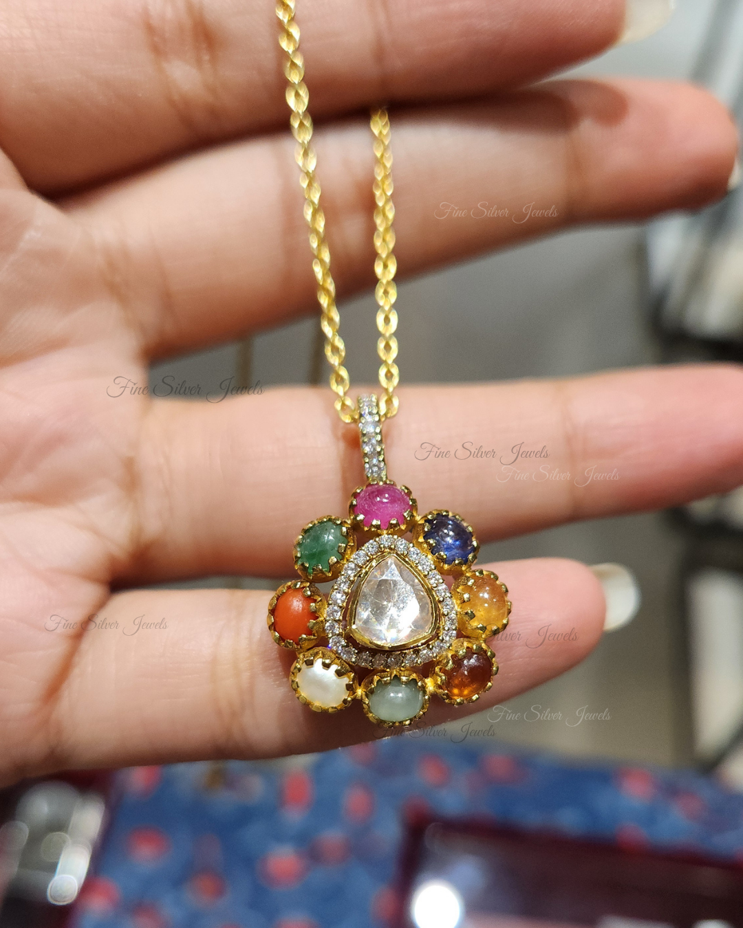 925 Silver Prachi Navratan Pendant Set