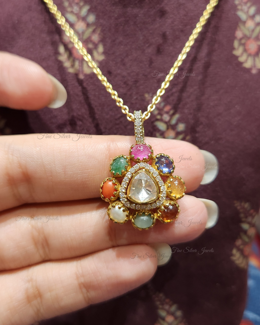 925 Silver Prachi Navratan Pendant Set