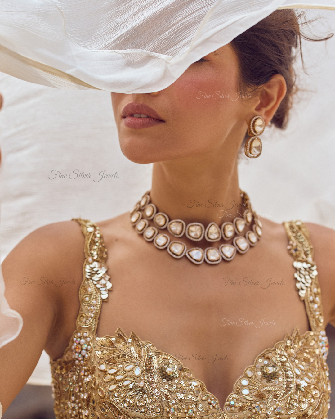 925 Silver Gold Finish Polki Necklace Set