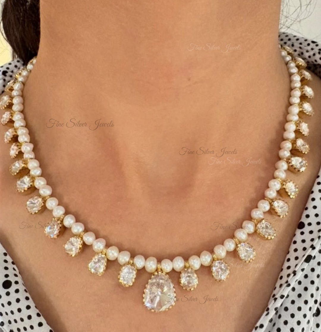 925 Silver Pearl Polki Necklace