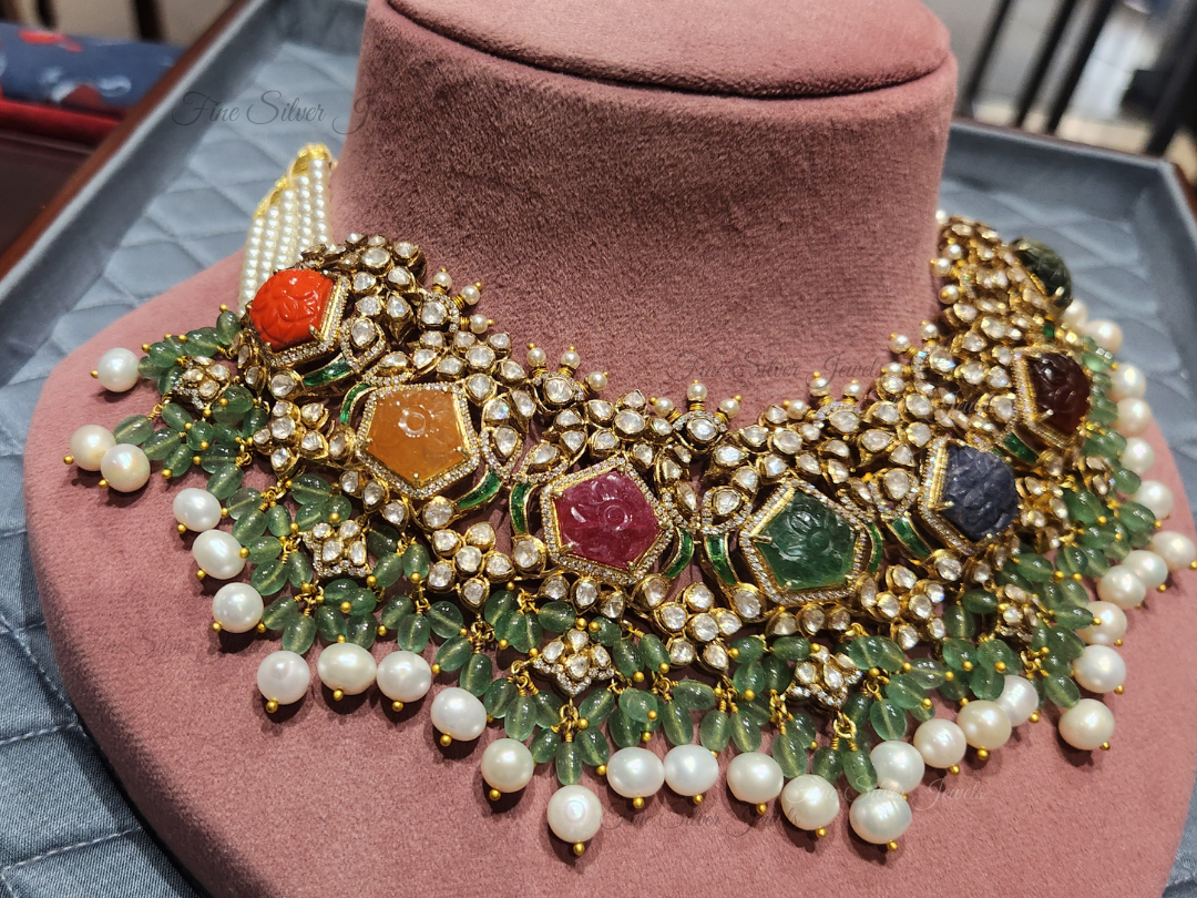 925 Silver Adira Navratan Necklace Set