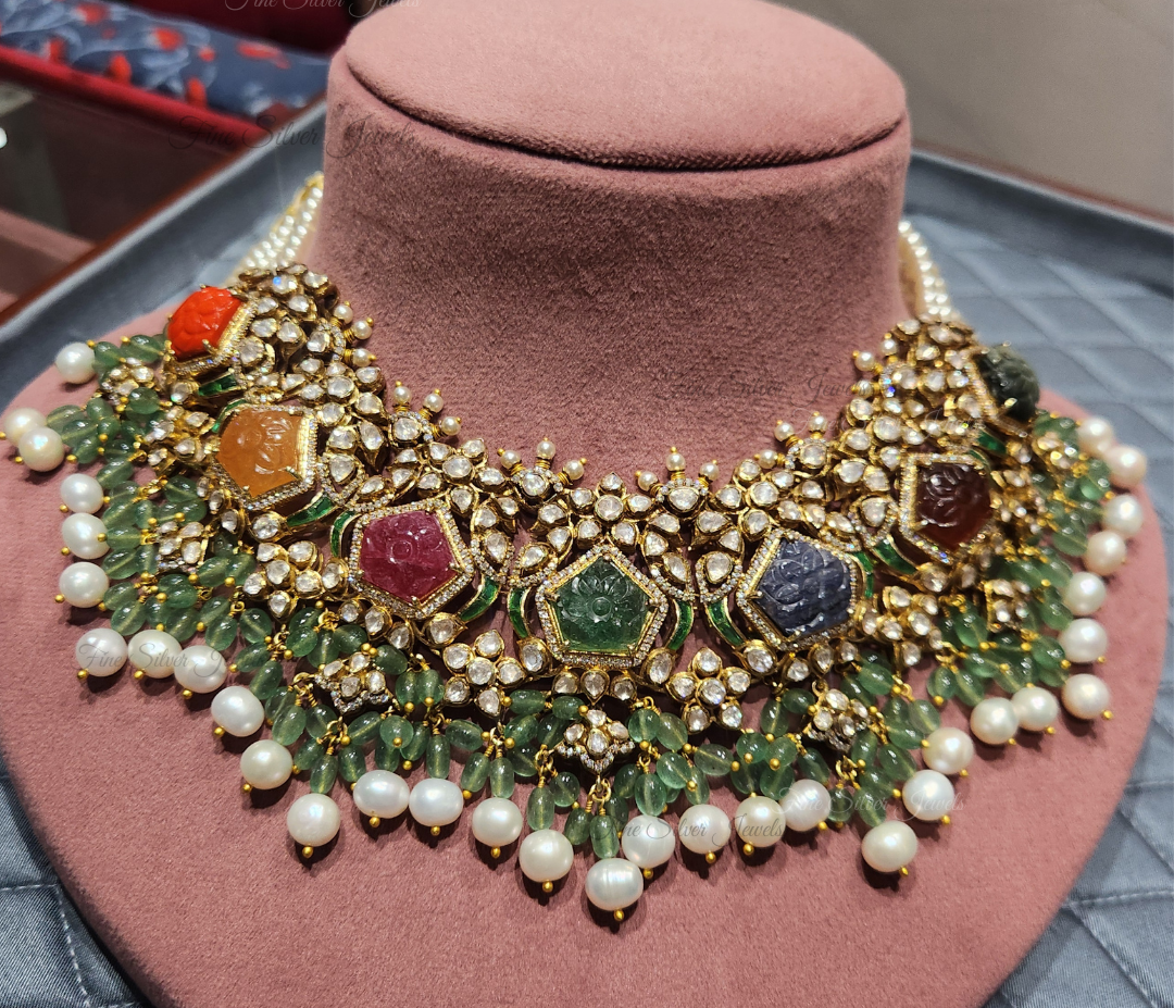 925 Silver Adira Navratan Necklace Set