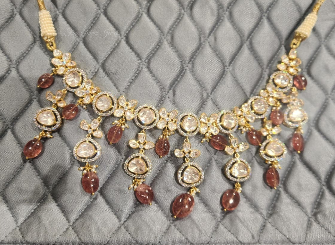 925 Silver Bridal Polki Necklace Set