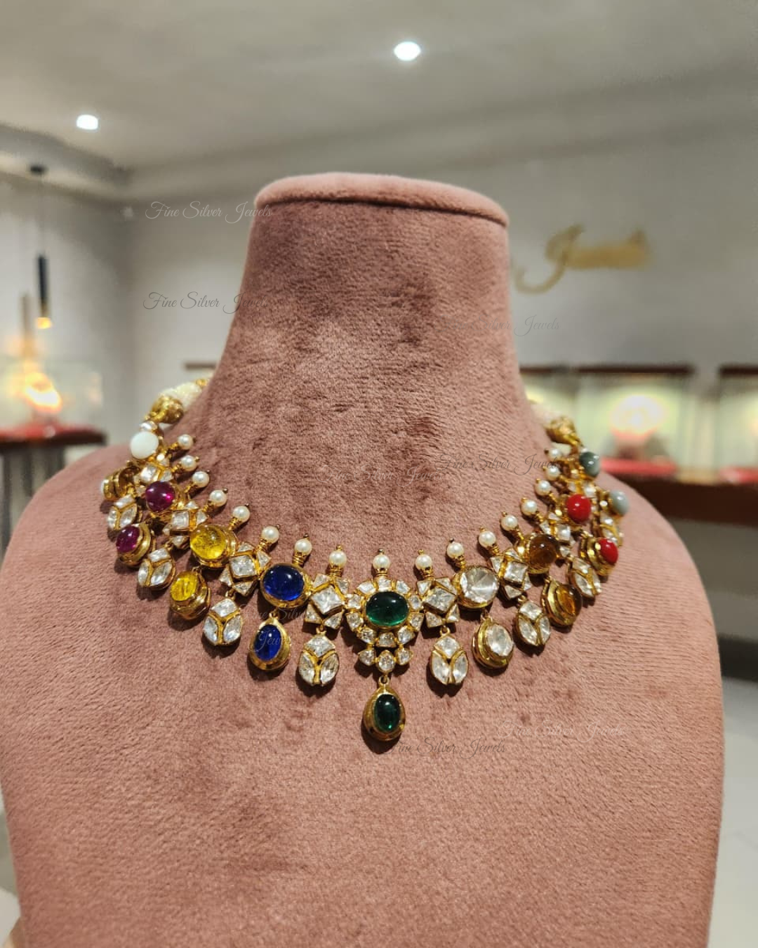 925 Silver Nava navratan Necklace Set