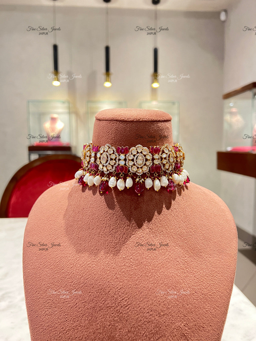 925 Silver Gulaal Polki Necklace Set