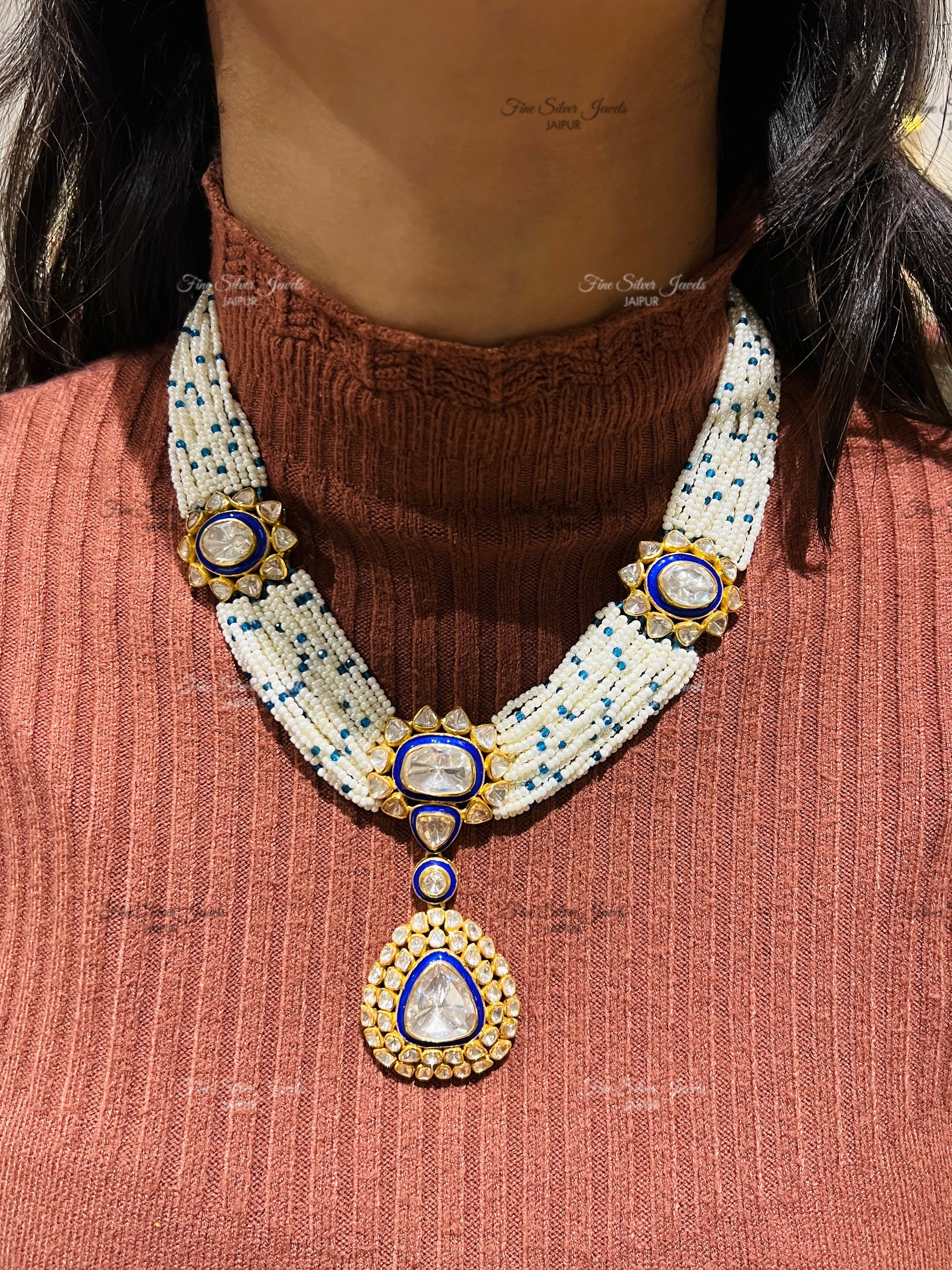 925 Silver Indraneela Polki Necklace Set