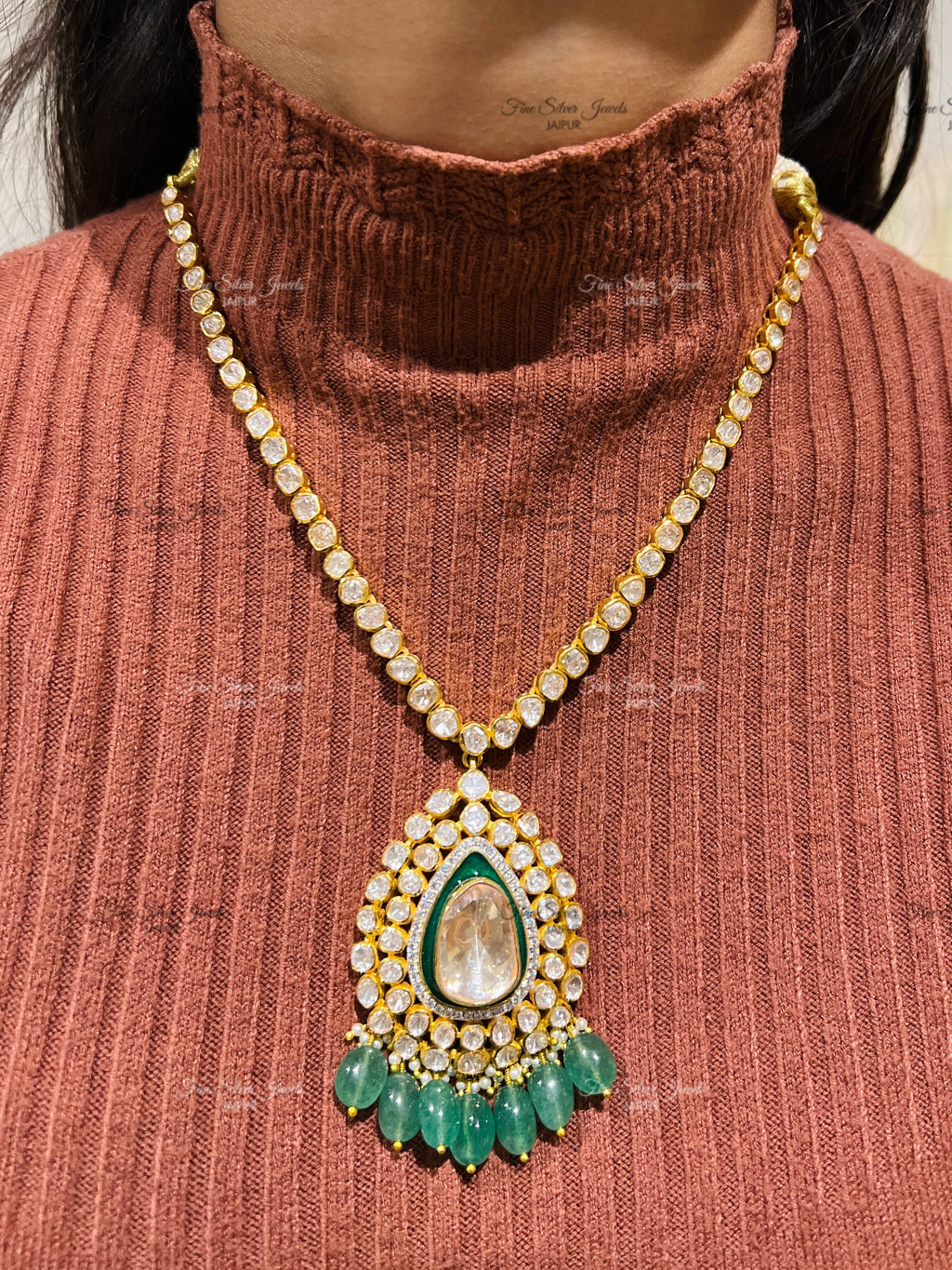 92.5 Silver Charm Polki Necklace Set