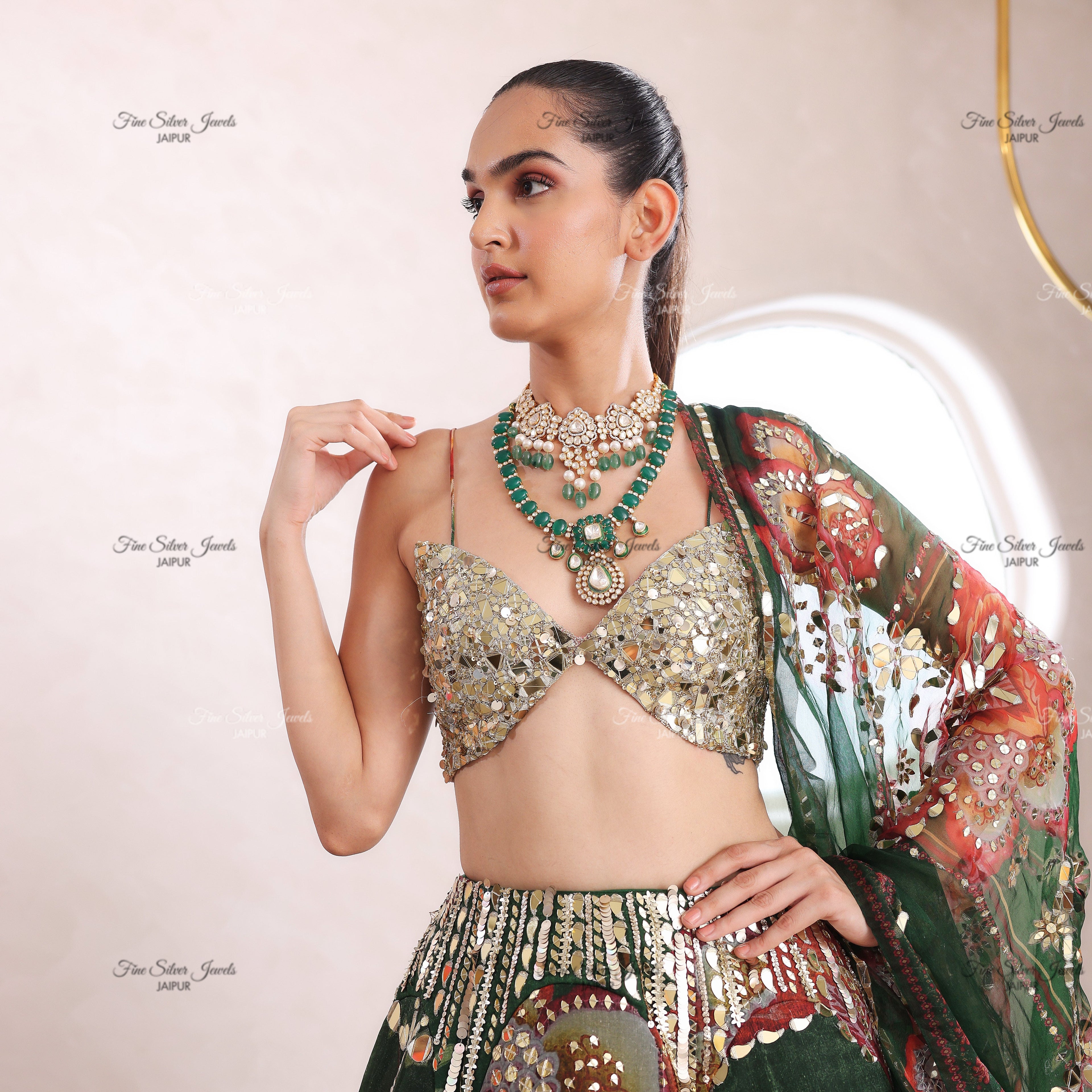 925 Silver GREEN ONYX POLKI NECKLACE