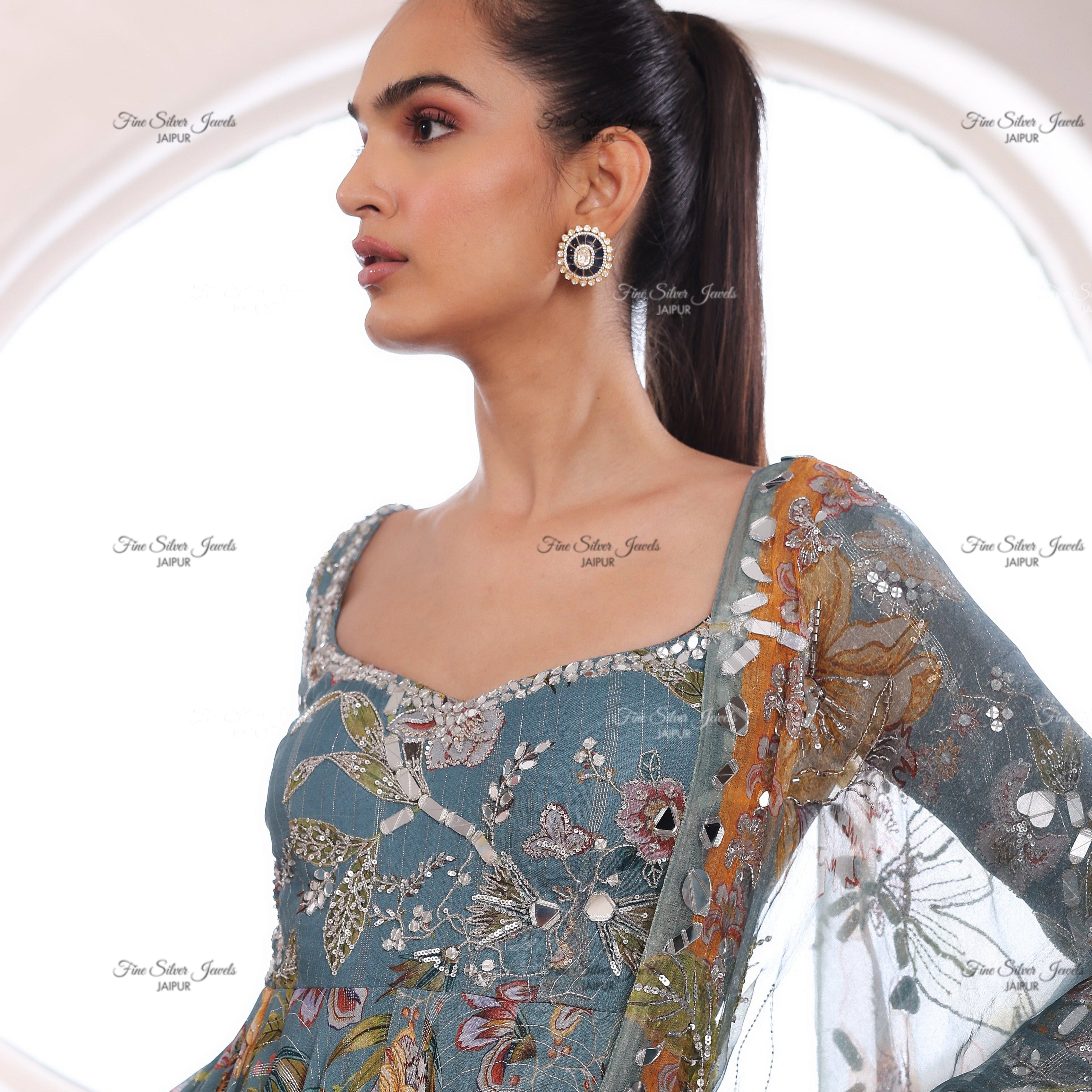 925 Silver Blue polki Earrings