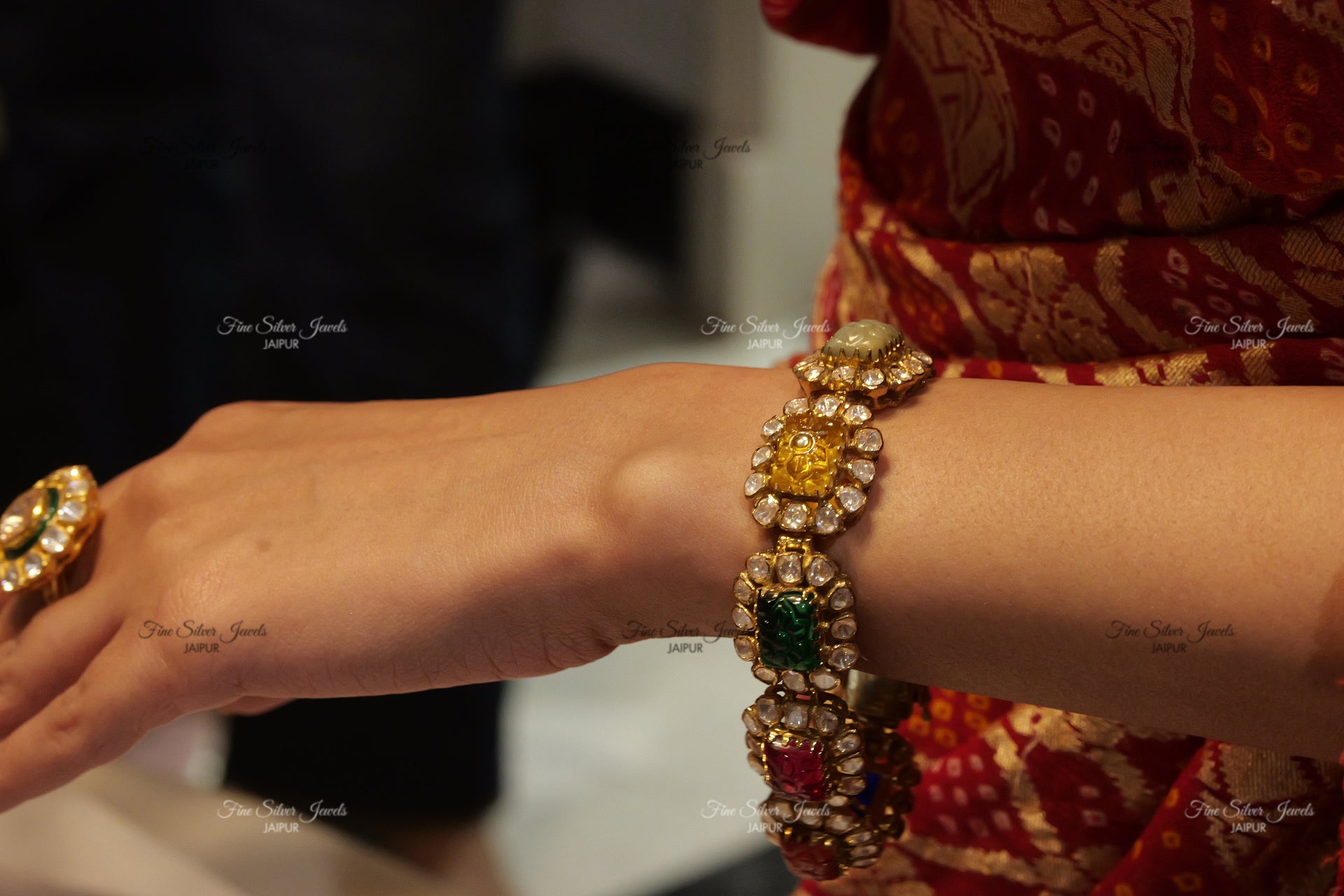 925 Silver Navratan Polki Bracelet