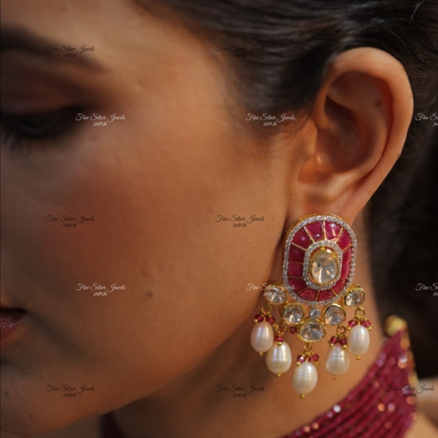 925 Silver Red Polki pearl Earrings