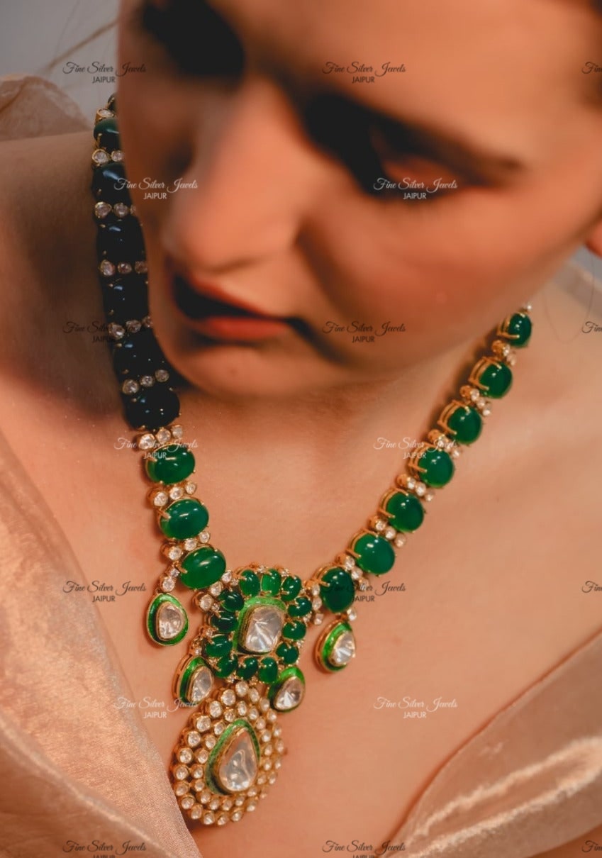 925 Silver GREEN ONYX POLKI NECKLACE finesilverjewels