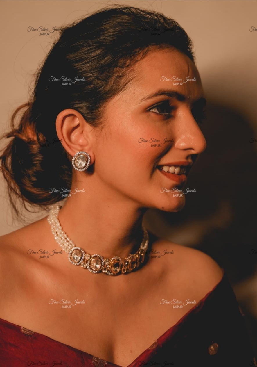 925Silver SINGLE LINE PEARL - POLKI NECKLACE finesilverjewels