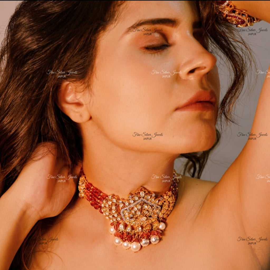 925 Silver Dhara Polki Necklace finesilverjewels