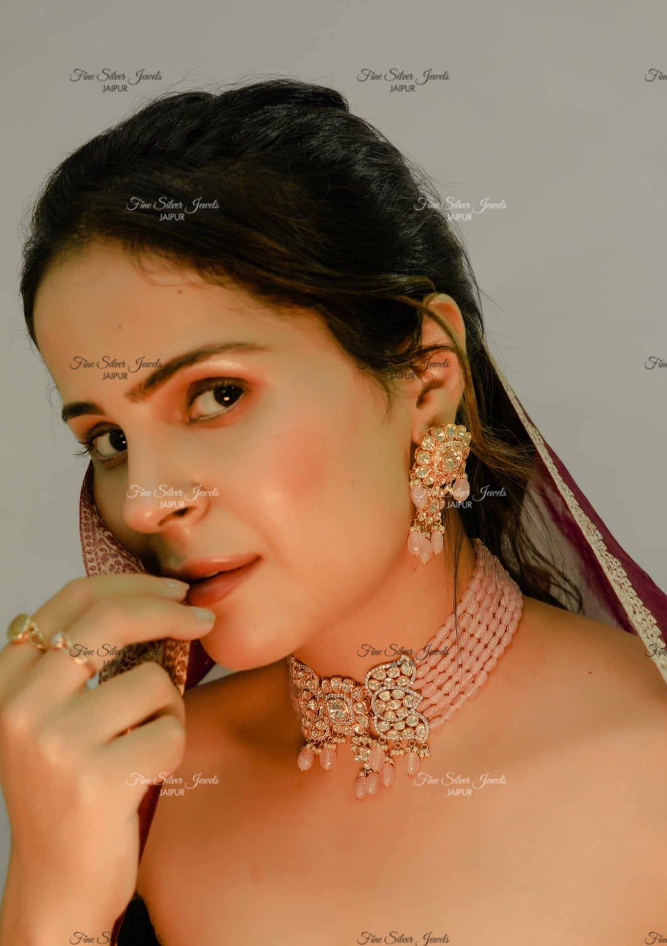 925 SILVER POLKI CHOKER SET WITH PINK BEADS finesilverjewels