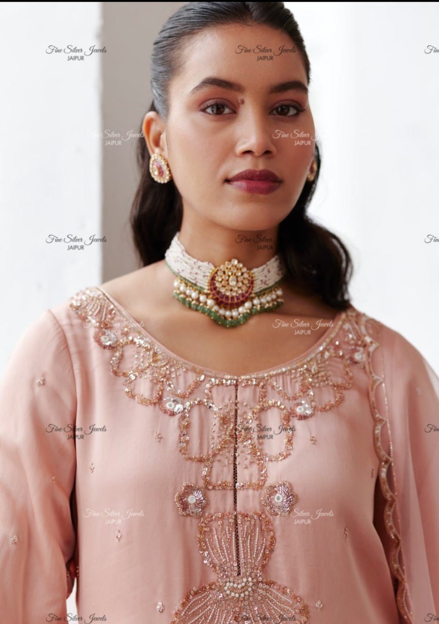 925 Silver Kamya pearl choker Set (red)