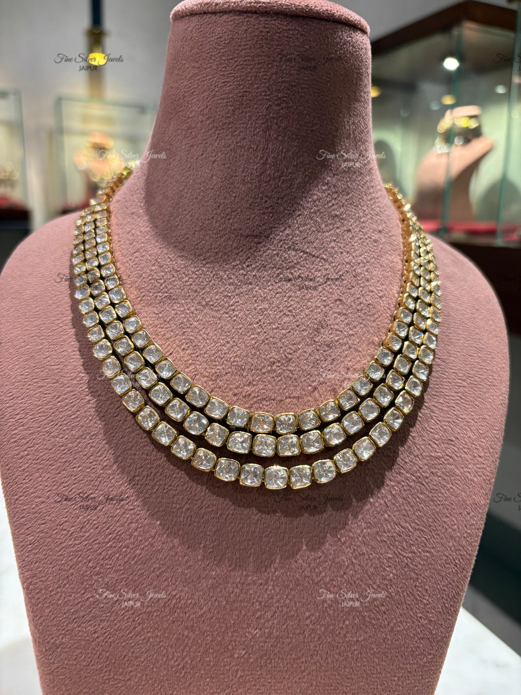 925 Silver Three Line Polki Necklace