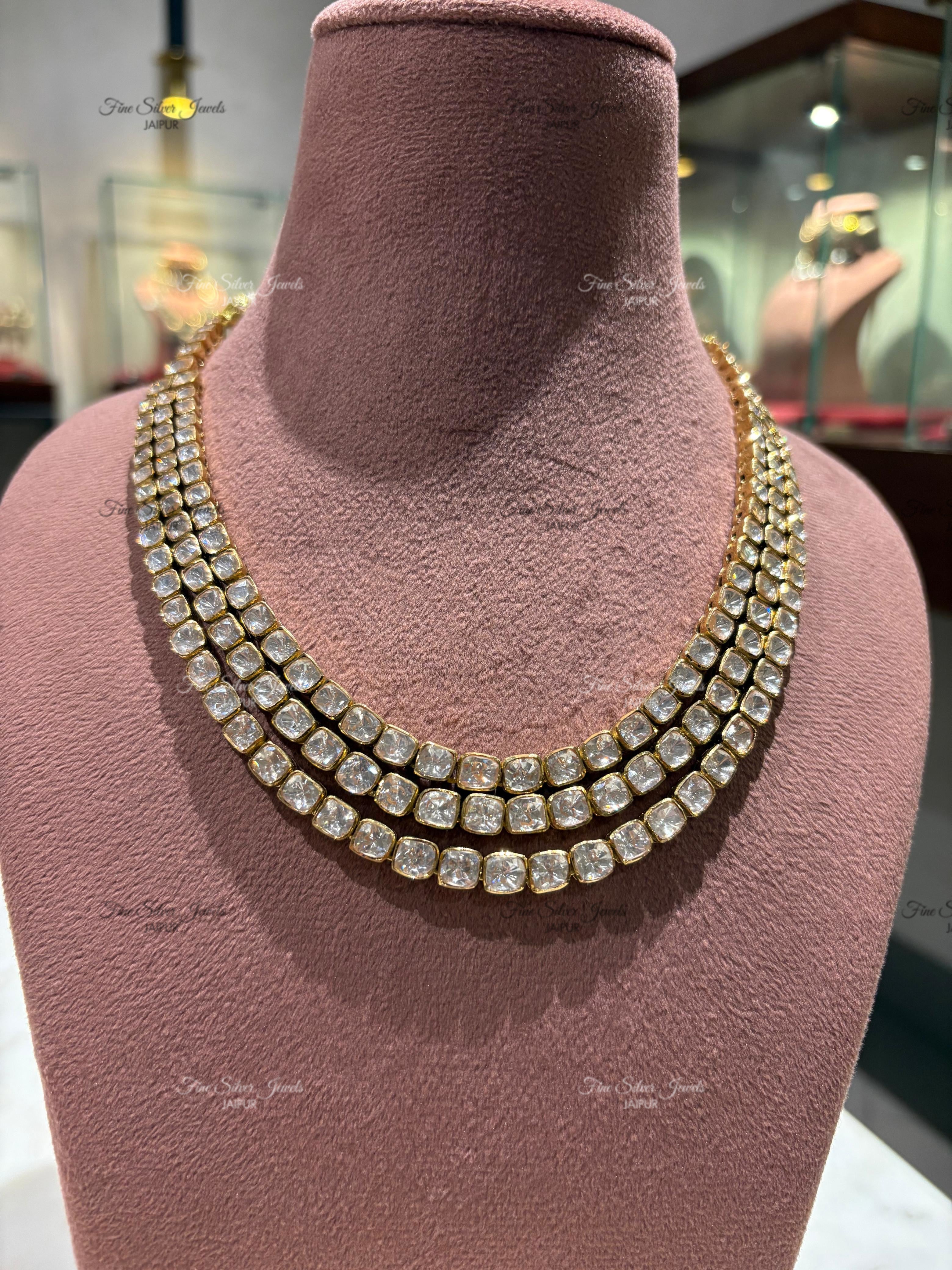 925 Silver Three Line Polki Necklace