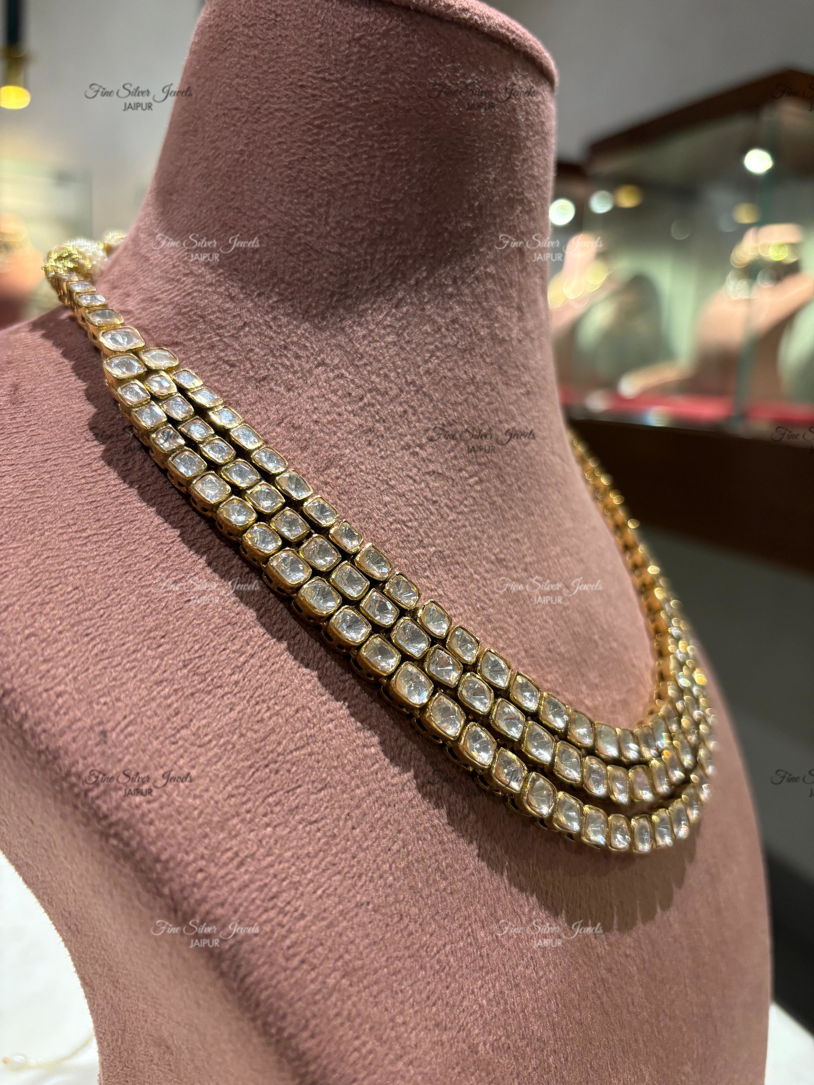 925 Silver Three Line Polki Necklace