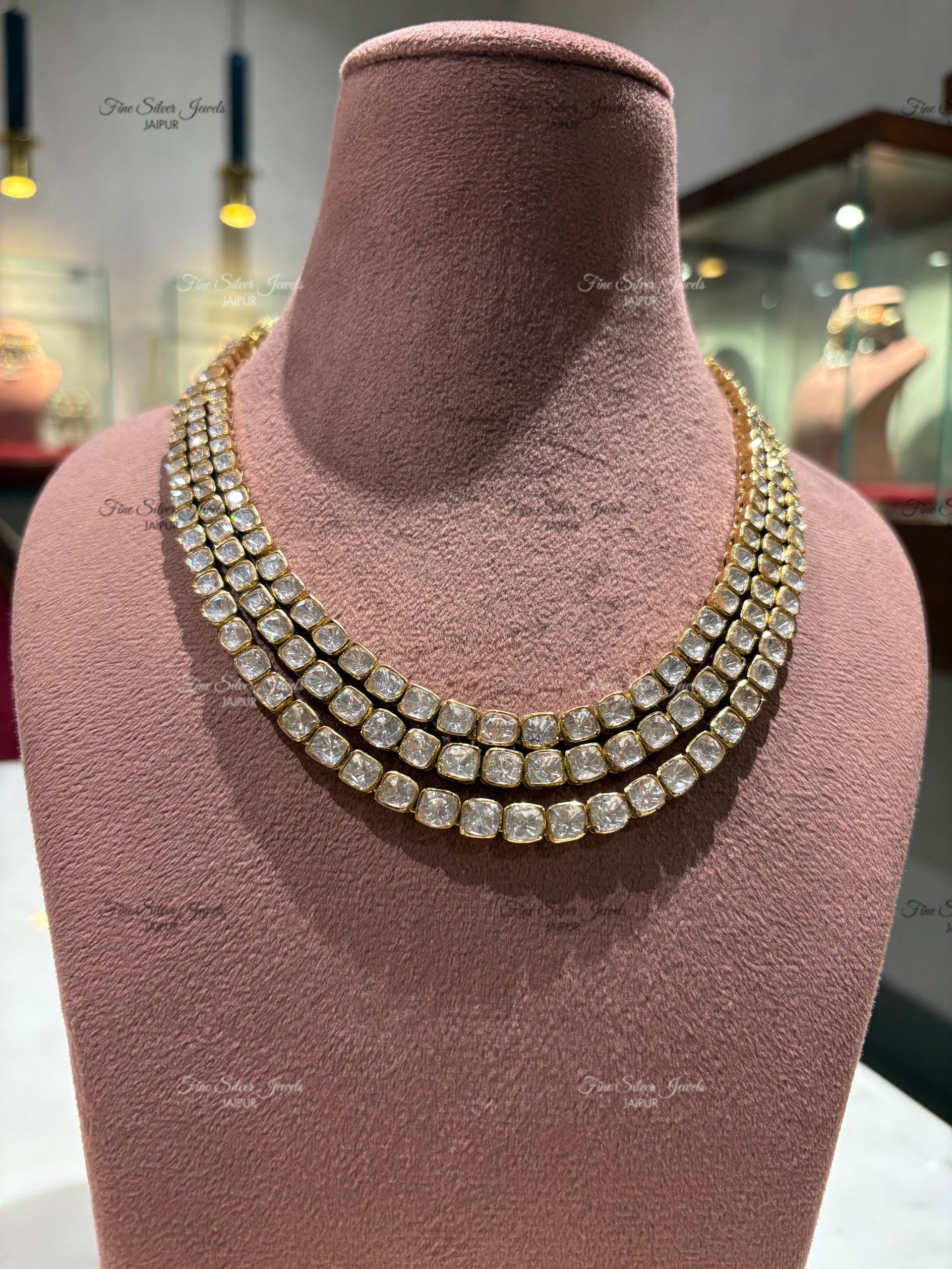 925 Silver Three Line Polki Necklace
