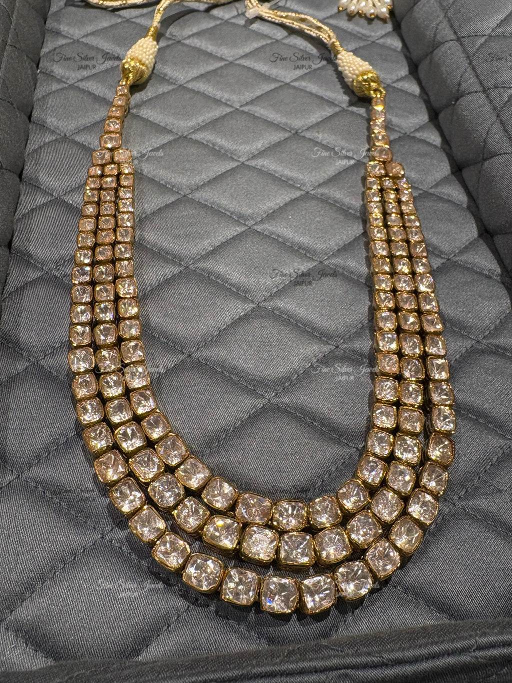 925 Silver Three Line Polki Necklace