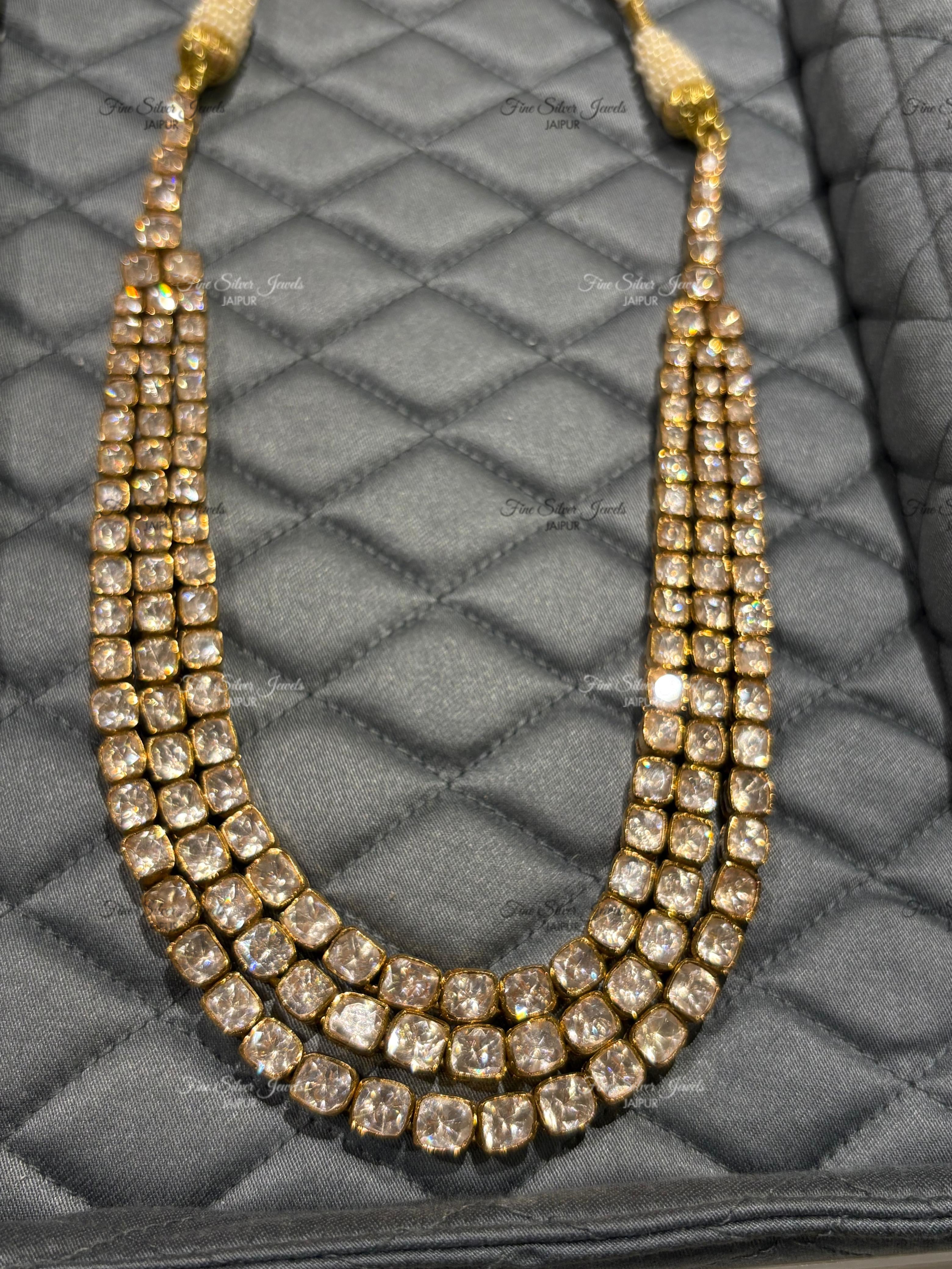 925 Silver Three Line Polki Necklace