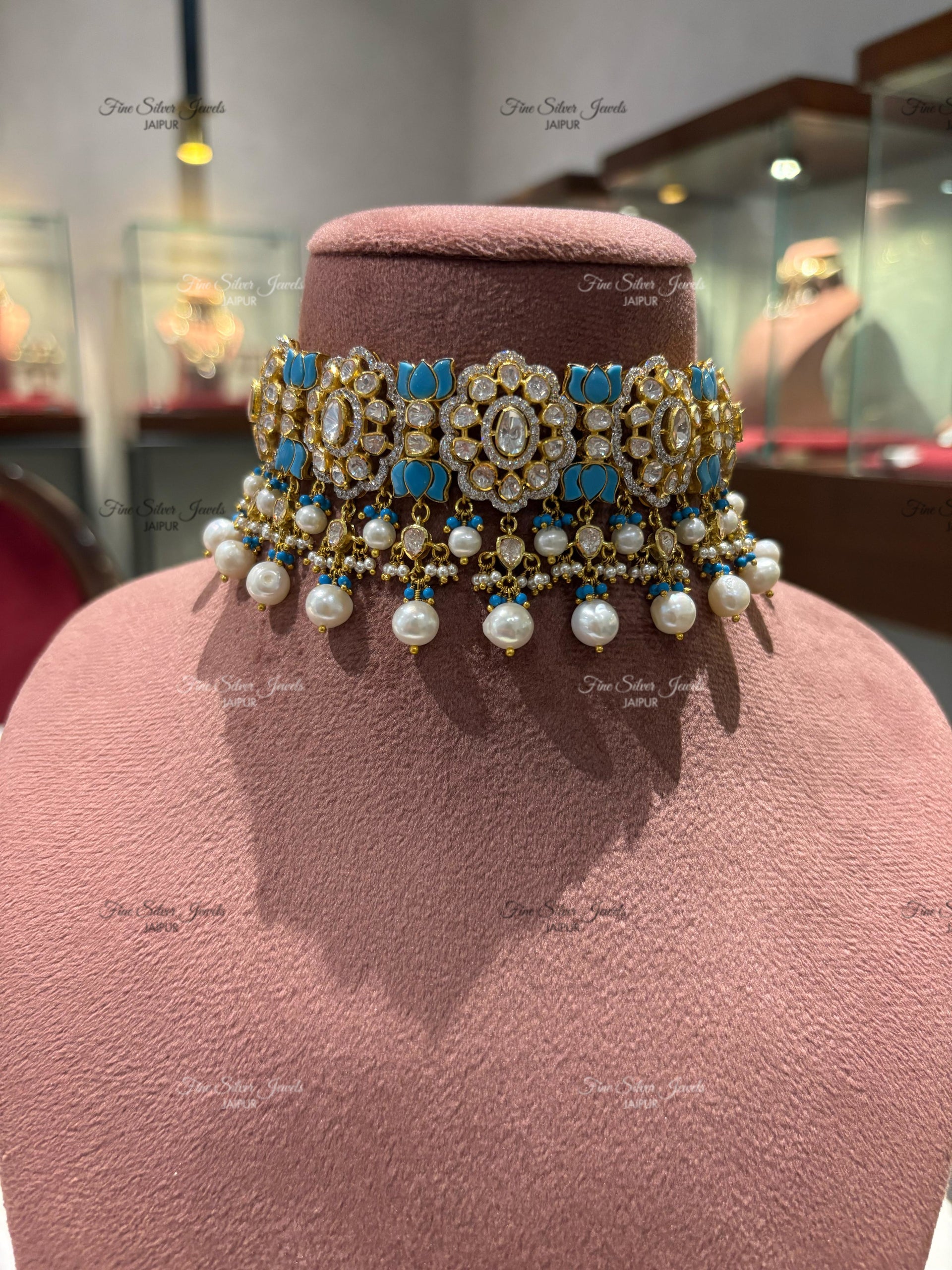 925 Silver Gulaal Polki Necklace Set