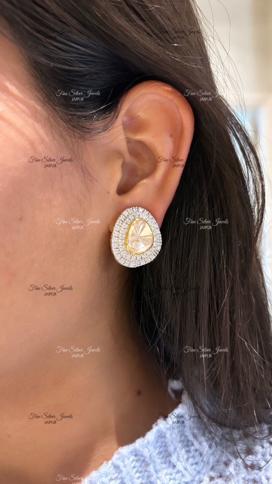 925 Silver Triangle Double Polki Earrings