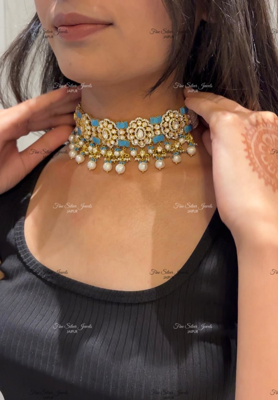 925 Silver Gulaal Polki Necklace Set
