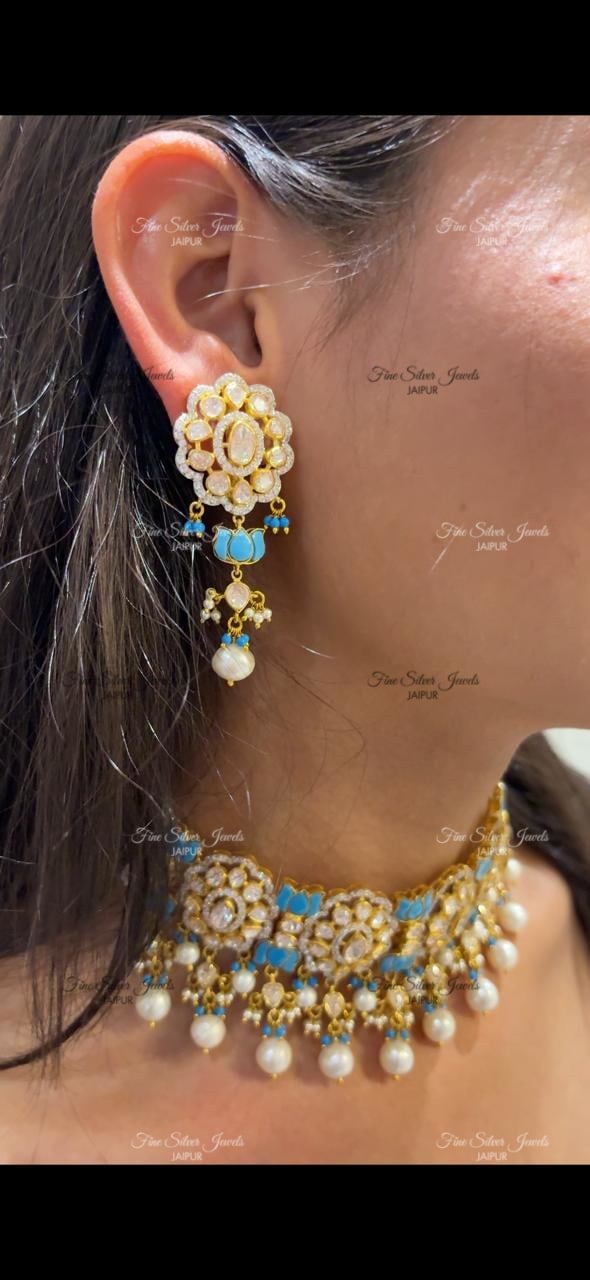 925 Silver Gulaal Polki Necklace Set
